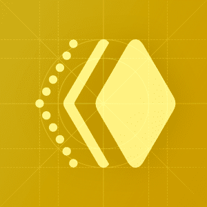 A geometric yellow and gold abstract design featuring a diamond shape overlapping with a chevron and a semicircle of small dots, all centered on a gradient background with grid lines, reminiscent of how Apple designs UI animations.
