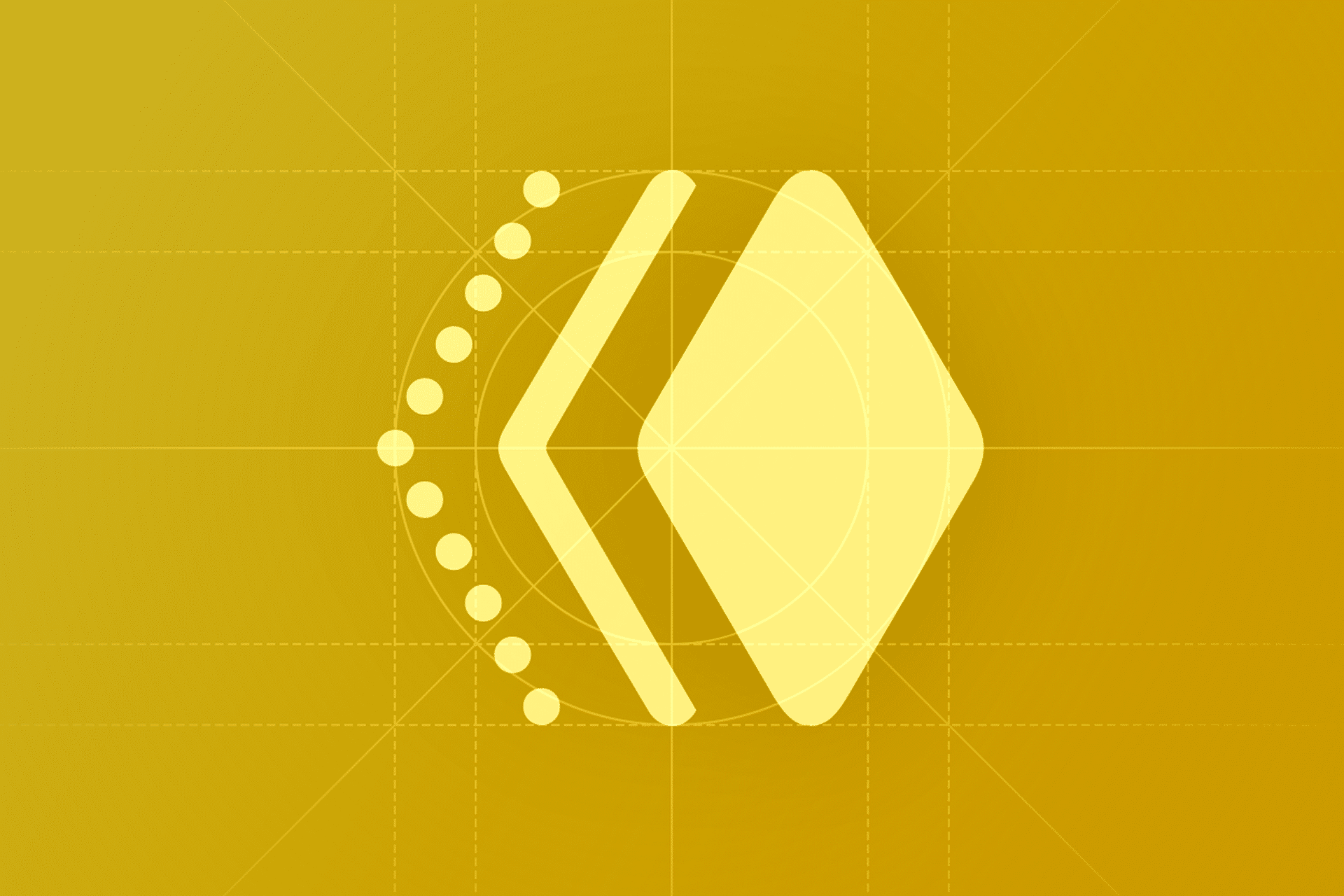 A geometric yellow and gold abstract design featuring a diamond shape overlapping with a chevron and a semicircle of small dots, all centered on a gradient background with grid lines, reminiscent of how Apple designs UI animations.