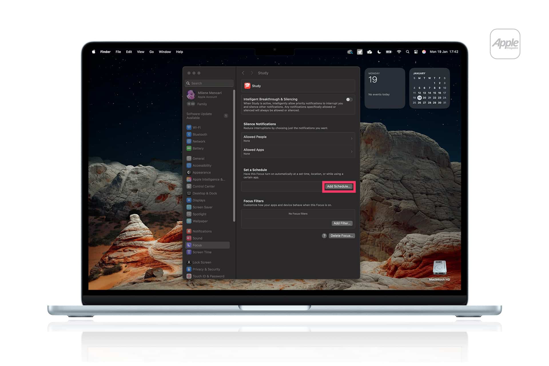 A MacBook displays the Focus settings menu in dark mode, with the "Set a Schedule" option highlighted for Study Focus. The desktop background features a rocky, desert landscape under a starry night sky.