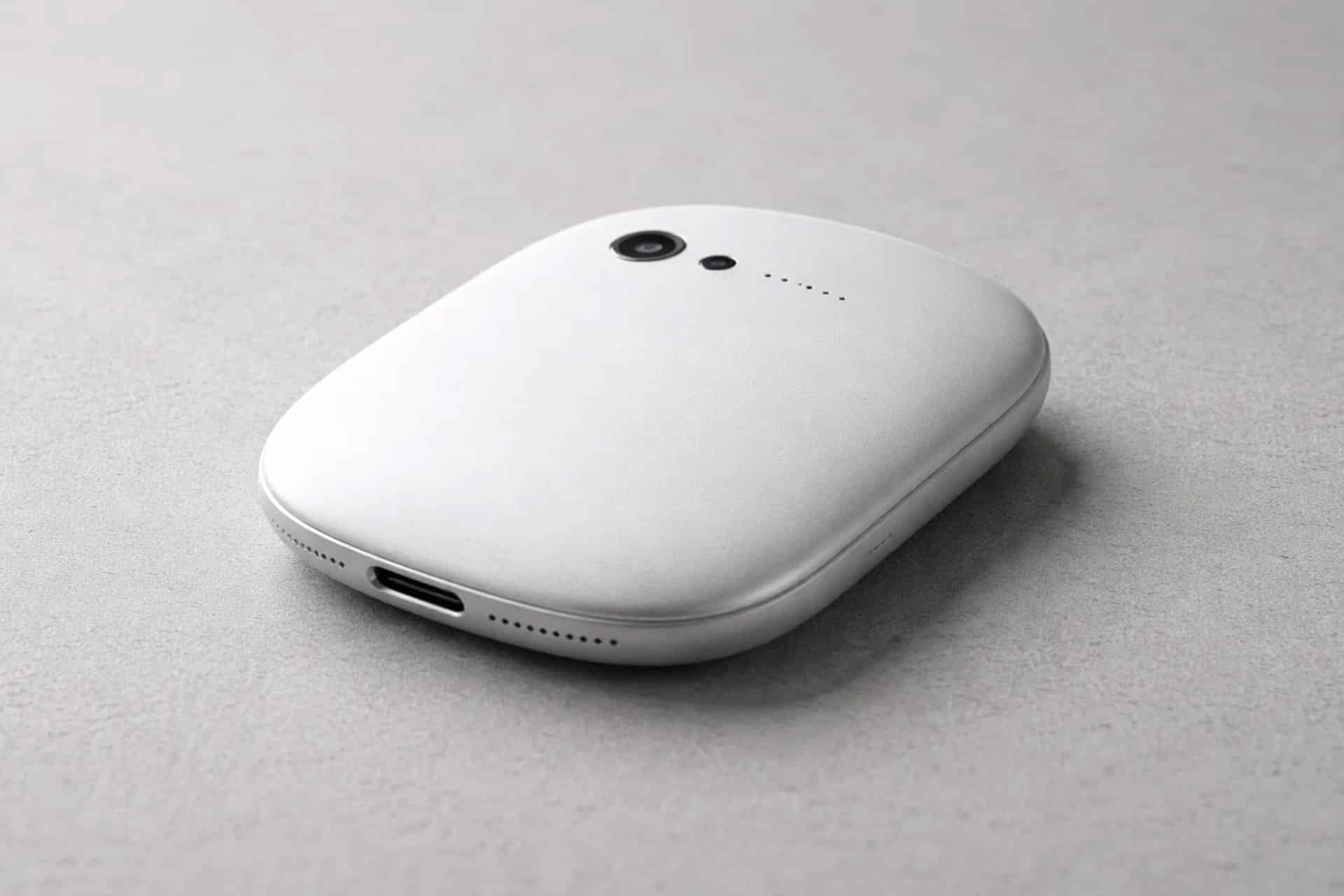 A white, rounded electronic device with a camera lens, small holes, and a USB-C port—this compact AI Pin rests on a light gray surface.