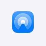 A blue app icon with a rounded square shape, featuring a circular design resembling the AirDrop radar signal, with a central white dot and radiating arcs. The background is light gray.