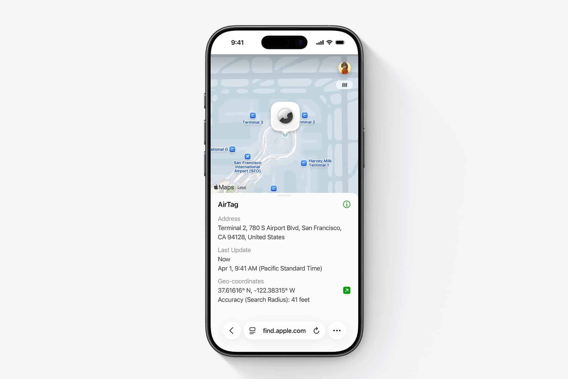 A smartphone displays the Find My app showing the location of a New AirTag at San Francisco airport, with address details, map, and device information visible on the screen.
