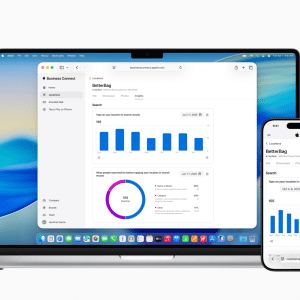 A laptop and a smartphone display analytics dashboards with bar and pie charts, showing Apple Business Connect search results and insights for a business website called "BetterBag." The devices are placed on a white background.