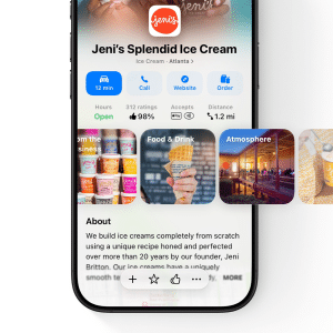 A smartphone screen displays the Jeni’s Splendid Ice Cream shop profile on Apple Business Connect, featuring ratings, hours, location, categories like “Food & Drink” and “Atmosphere,” plus preview images of ice cream and the shop interior.
