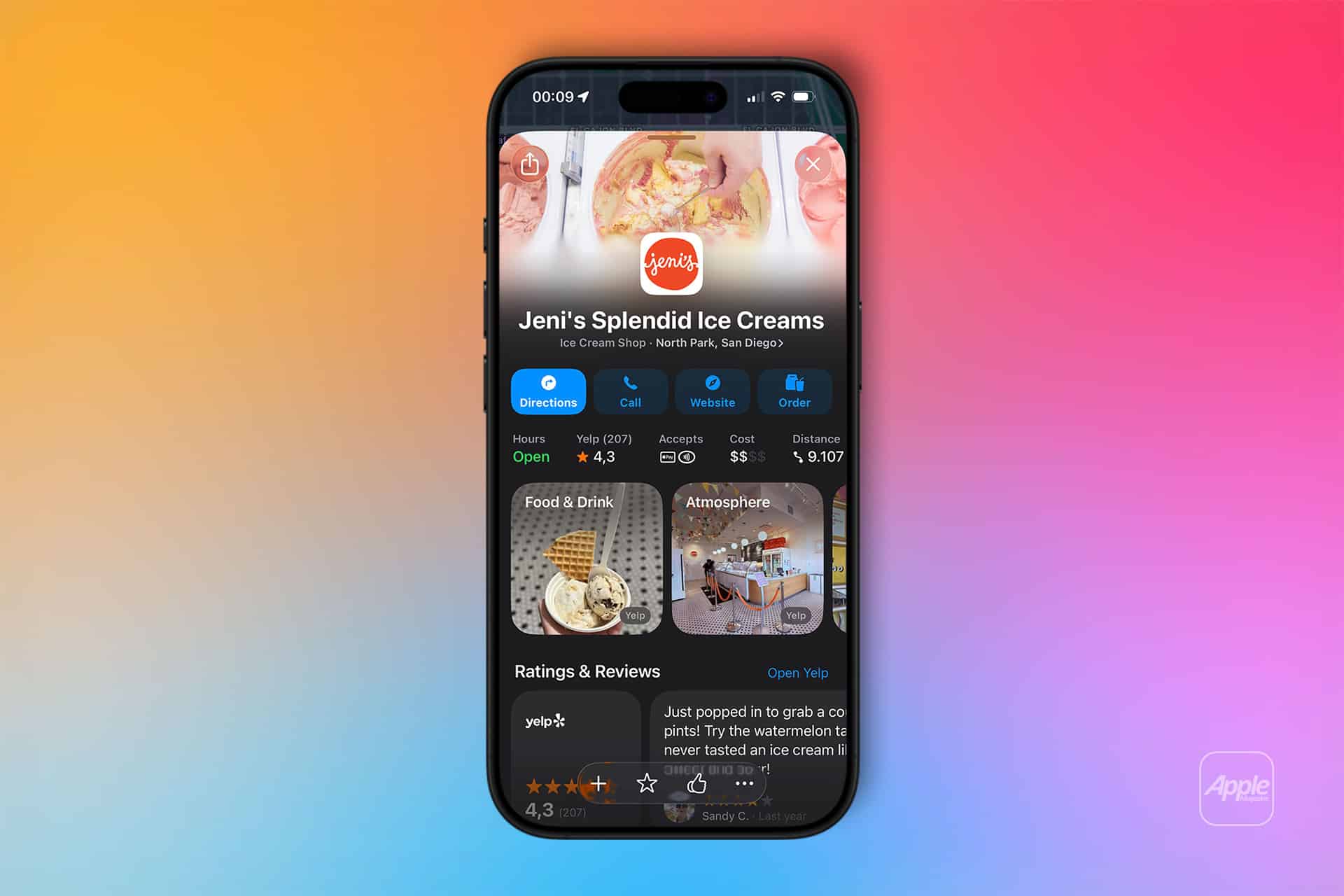A smartphone displays the Jeni’s Splendid Ice Creams shop profile in a maps app, enhanced by Apple Business Connect, showing location, hours, ratings, photos, and customer reviews against a colorful gradient background.