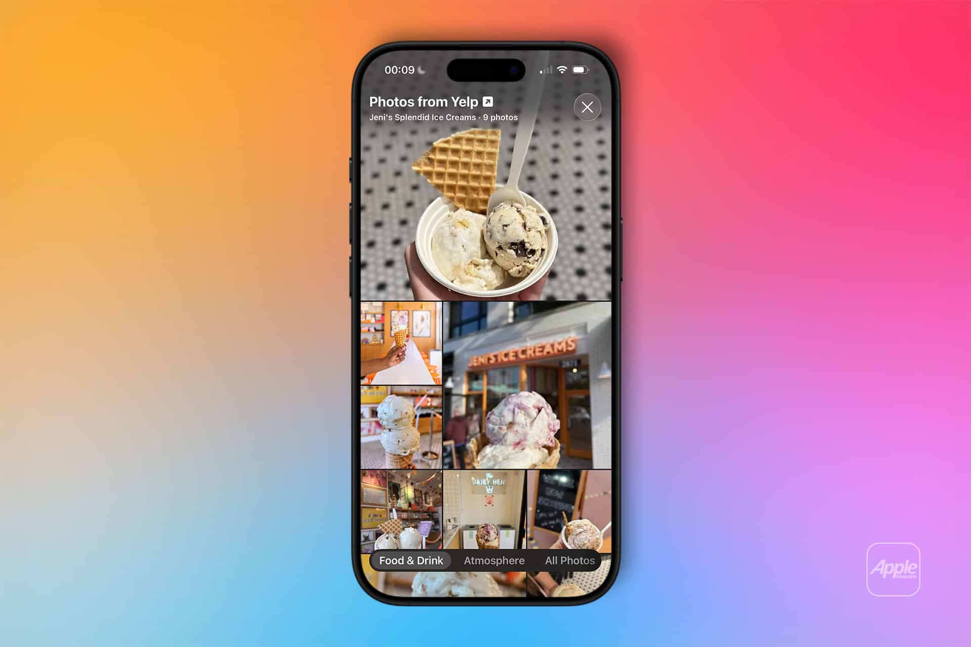 A smartphone screen displays a Yelp page for an ice cream shop, showing photos of cones and sundaes with the storefront behind, on a colorful gradient—highlighting how Apple Business Connect can enhance your shop’s digital presence.