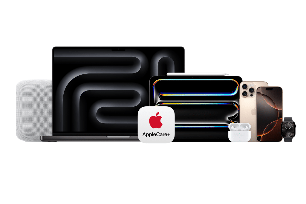 A group of Apple products including a HomePod, MacBook, iPad with Apple Pencil, iPhone, AirPods in a case, Apple Watch, and an AppleCare+ logo—showcasing the range protected by applecare support—all displayed against a white background.