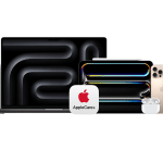 A group of Apple products including a HomePod, MacBook, iPad with Apple Pencil, iPhone, AirPods in a case, Apple Watch, and an AppleCare+ logo—showcasing the range protected by applecare support—all displayed against a white background.