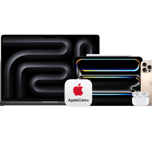 A group of Apple products including a HomePod, MacBook, iPad with Apple Pencil, iPhone, AirPods in a case, Apple Watch, and an AppleCare+ logo—showcasing the range protected by applecare support—all displayed against a white background.