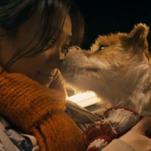 A woman in an orange scarf and gray coat smiles as a small brown and white dog touches noses with her, both illuminated by warm light—capturing a cozy, affectionate moment shot on iPhone.