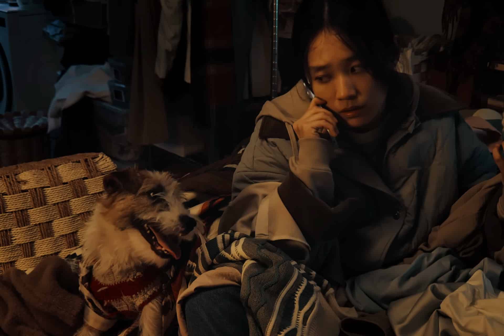 A woman in a heavy jacket sits indoors, looking concerned while talking on the phone. Next to her, a dog in a red sweater sits in a basket, looking up at her and panting. Shot on iPhone.