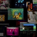 A collage of diverse creative digital projects, including Apple Creator Studio music software interfaces, graphic illustrations, photography, and video editing screens, layered on a black background.
