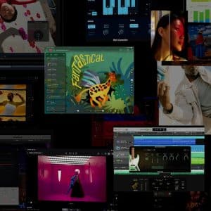 A collage of diverse creative digital projects, including Apple Creator Studio music software interfaces, graphic illustrations, photography, and video editing screens, layered on a black background.