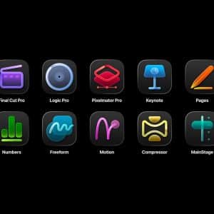 Grid of 10 colorful app icons on a black background, featuring Final Cut Pro, Logic Pro, Pixelmator Pro, and more—each with unique symbols from the Apple Creator Studio suite.