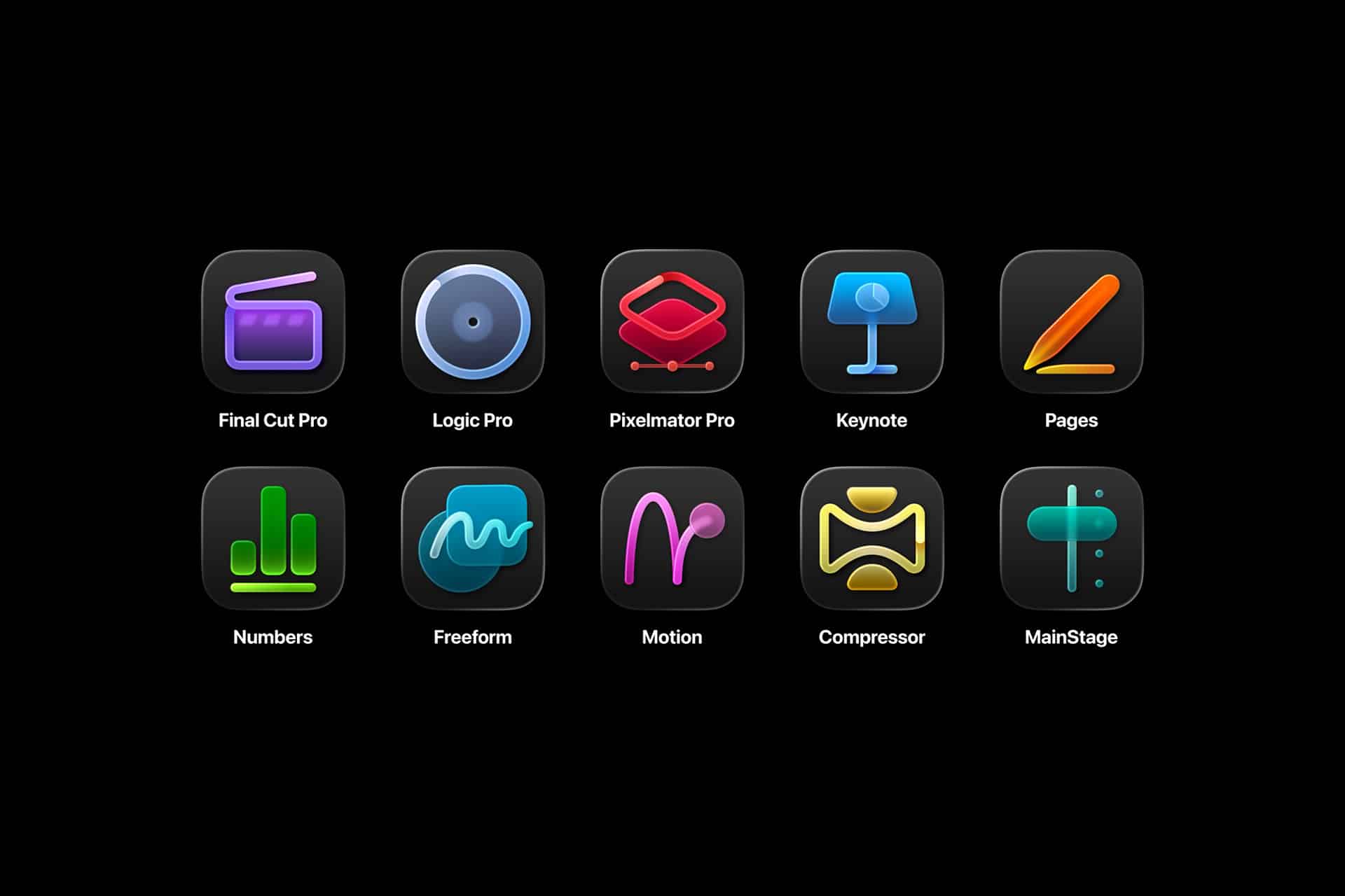 Grid of 10 colorful app icons on a black background, featuring Final Cut Pro, Logic Pro, Pixelmator Pro, and more—each with unique symbols from the Apple Creator Studio suite.