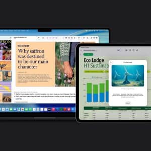 A laptop and a tablet are side by side. The laptop displays an article about saffron, while the tablet, open to Creator Studio, shows a sustainability report with charts and an AI-generated image of dolphins. Both devices have sleek, modern designs.