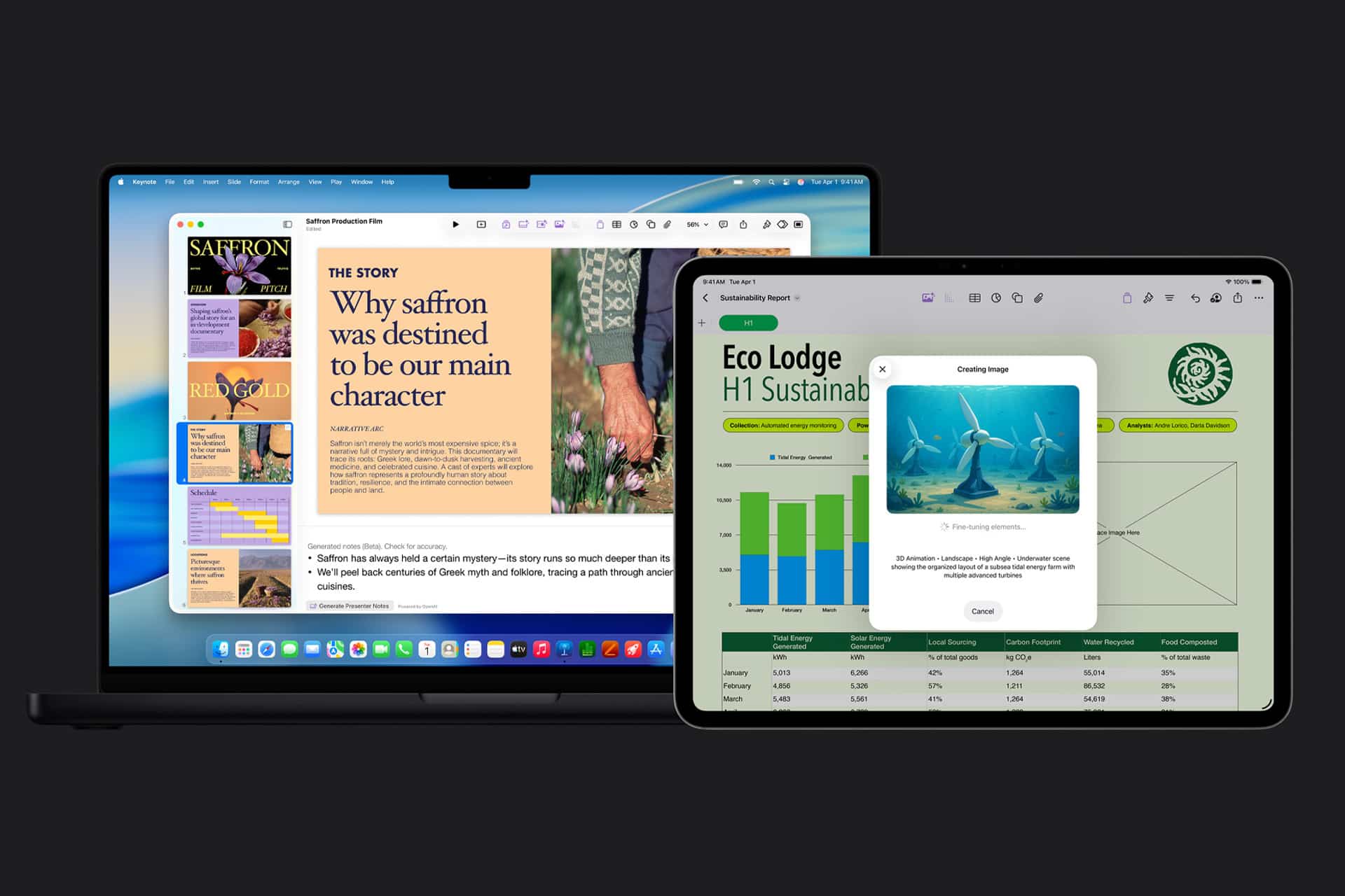 A laptop and a tablet are side by side. The laptop displays an article about saffron, while the tablet, open to Creator Studio, shows a sustainability report with charts and an AI-generated image of dolphins. Both devices have sleek, modern designs.