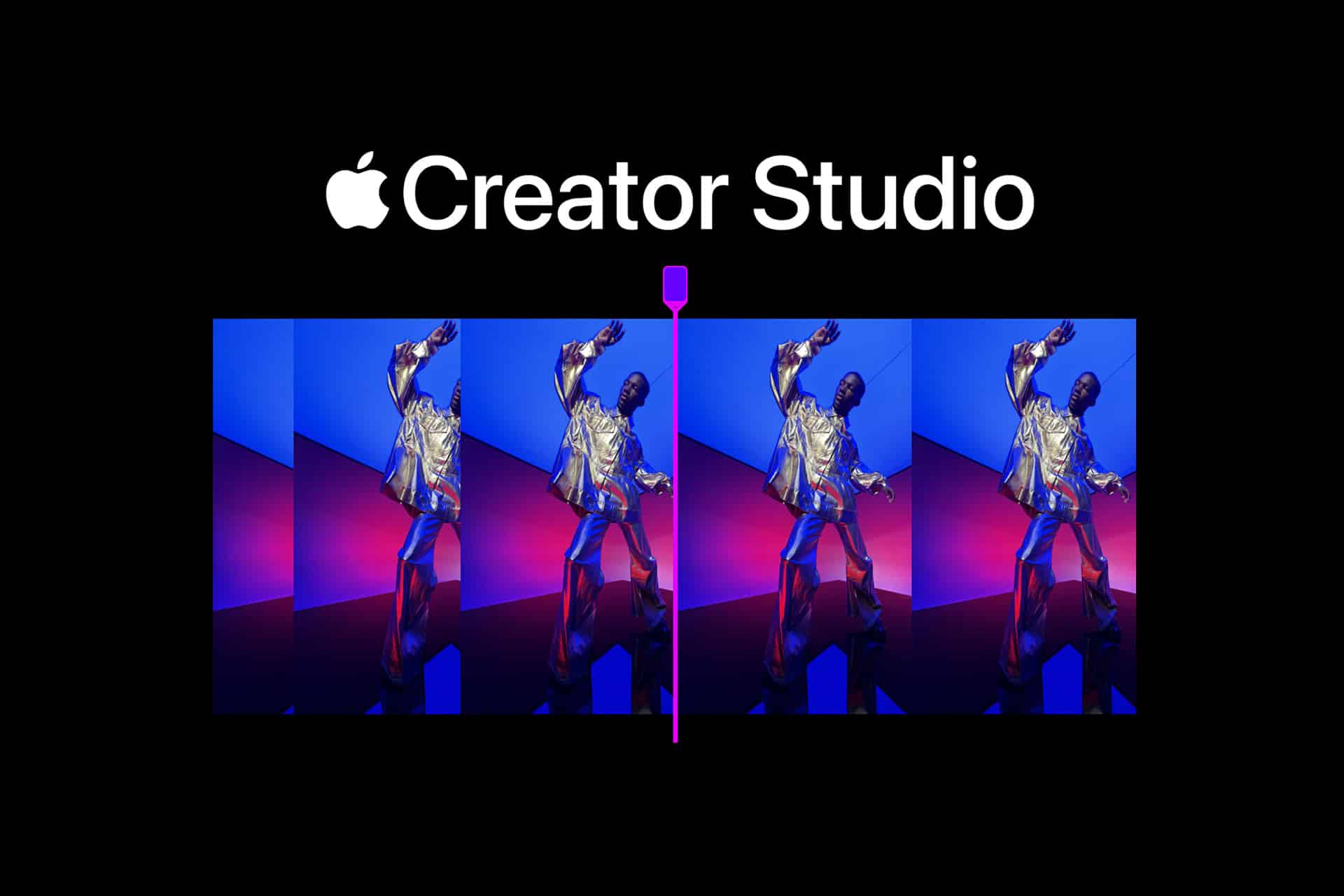 A person wearing a shiny silver outfit poses energetically against a colorful blue and pink background, shown three times in a row. Above, the text “Creator Studio” stands out on a black background.