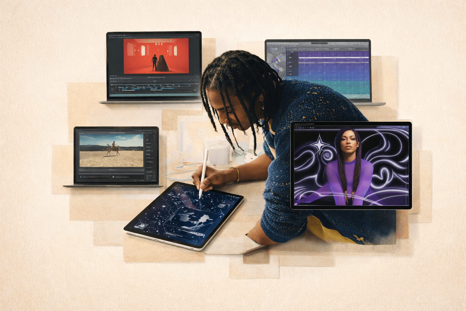 A person uses a stylus to draw on a tablet surrounded by four open laptops displaying creative projects, highlighting the dynamic world of Apple vs Adobe in video, music, and digital art.
