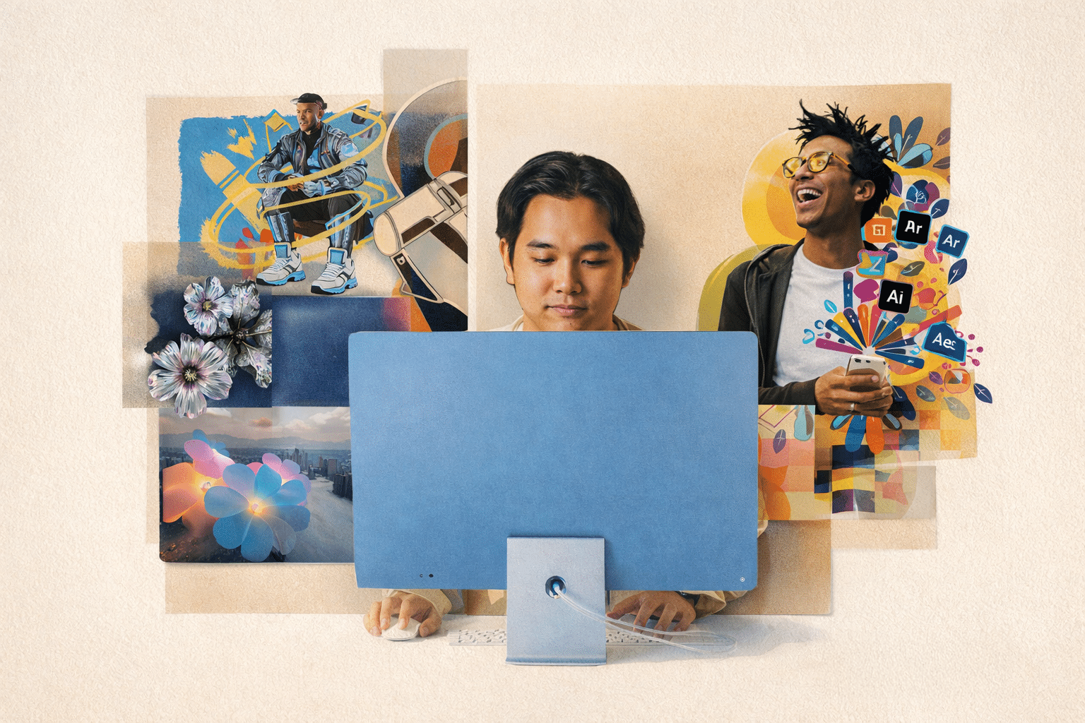 A person sits at a computer, surrounded by creative and colorful images—flowers, art tools, a musician, and laughter—symbolizing creativity and inspiration in a digital workspace shaped by the dynamic Apple vs Adobe landscape.