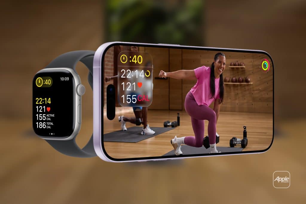 A smartwatch and a smartphone display a fitness workout. The watch shows workout stats, while the phone features Apple Fitness+ with a woman in pink exercising indoors and additional data on screen. The Apple logo is in the corner.