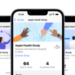 A smartphone screen displays the Apple Health Study app, part of the Apple Health Studies, showing a 64-day study duration and 4 completed tasks. Artwork and information for other health studies appear partially in the background.