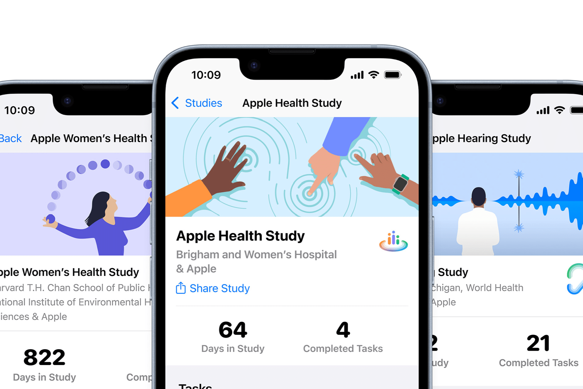 A smartphone screen displays the Apple Health Study app, part of the Apple Health Studies, showing a 64-day study duration and 4 completed tasks. Artwork and information for other health studies appear partially in the background.