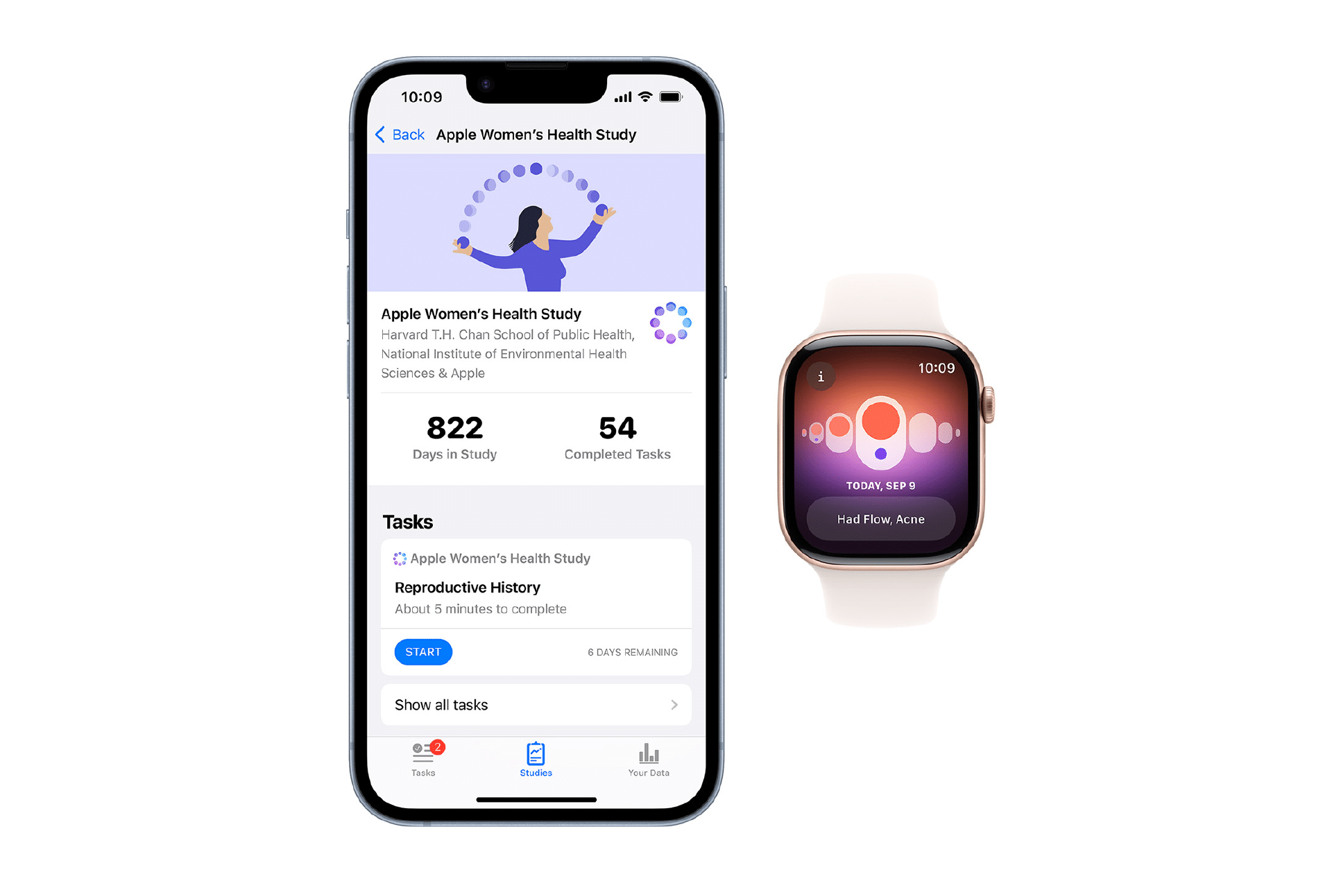 A smartphone displays the Apple Women's Health Study app with study stats and tasks, highlighting its integration with Apple Health Studies. Next to it, a smartwatch shows a heart icon and the time 10:09 in a matching color scheme.