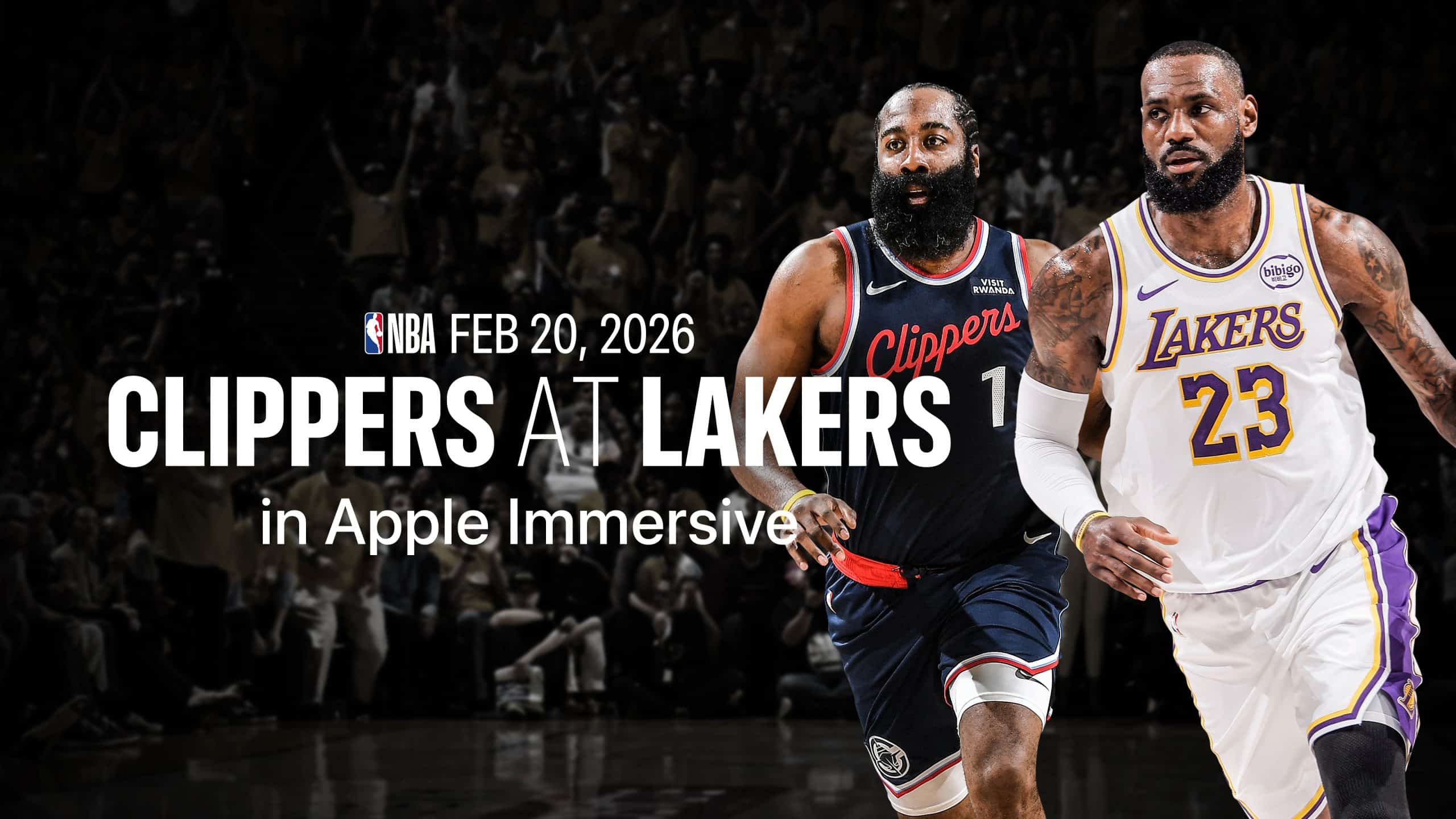 Two basketball players, one in a Clippers jersey and one in a Lakers jersey, appear on a dark arena background. Text announces "Clippers at Lakers" on February 20, 2026—catch the action with Vision Pro NBA Games in Apple Immersive.