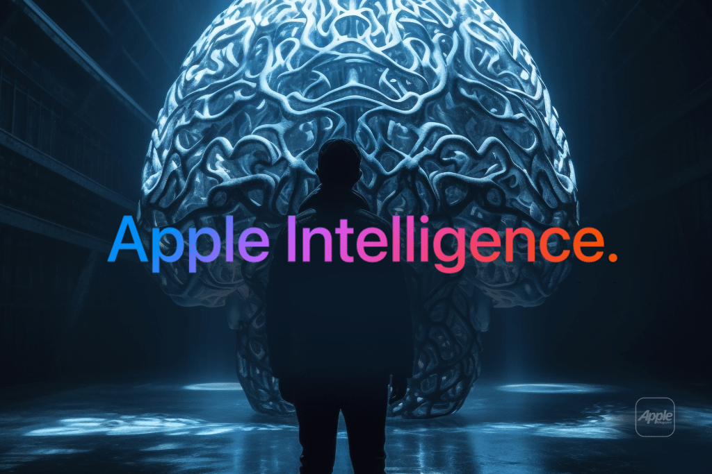 A person stands before a large, glowing brain-shaped structure with neon lines. "Apple Intelligence" and "Apple AI 2026" are displayed in colorful text, while the Apple logo appears in the lower right corner.