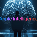 A person stands before a large, glowing brain-shaped structure with neon lines. "Apple Intelligence" and "Apple AI 2026" are displayed in colorful text, while the Apple logo appears in the lower right corner.