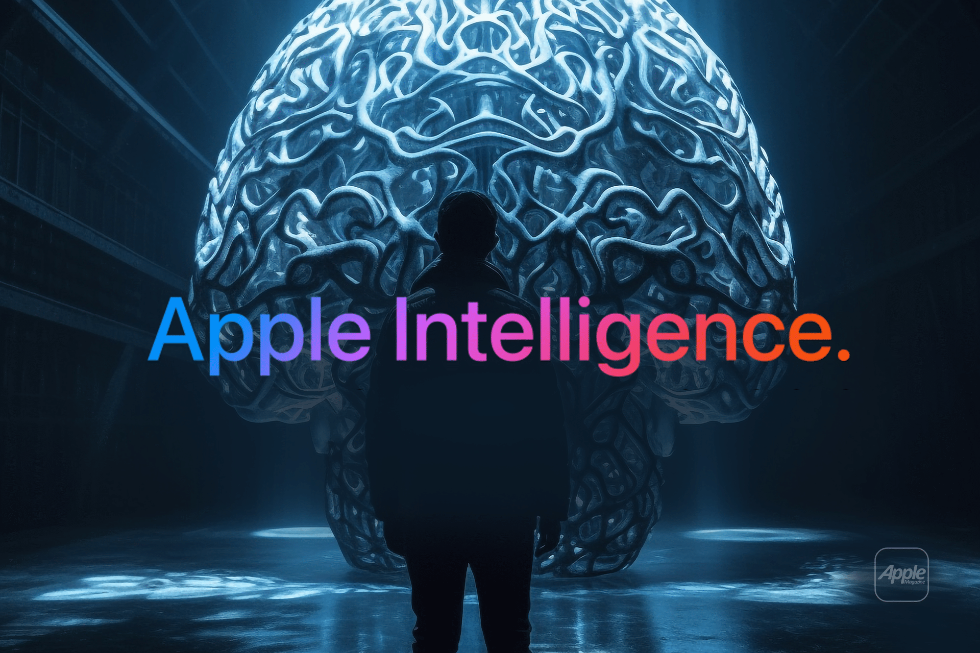 A person stands before a large, glowing brain-shaped structure with neon lines. "Apple Intelligence" and "Apple AI 2026" are displayed in colorful text, while the Apple logo appears in the lower right corner.