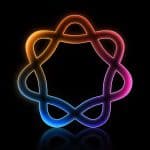 A glowing, abstract, multicolored loop forms a star-like shape on a black background, blending orange, yellow, pink, purple, and blue hues with a soft neon effect—perfect as an AI iPhone or iPhone 20 wallpaper.