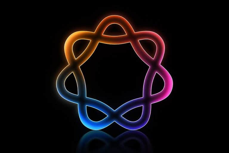 A glowing, abstract, multicolored loop forms a star-like shape on a black background, blending orange, yellow, pink, purple, and blue hues with a soft neon effect—perfect as an AI iPhone or iPhone 20 wallpaper.