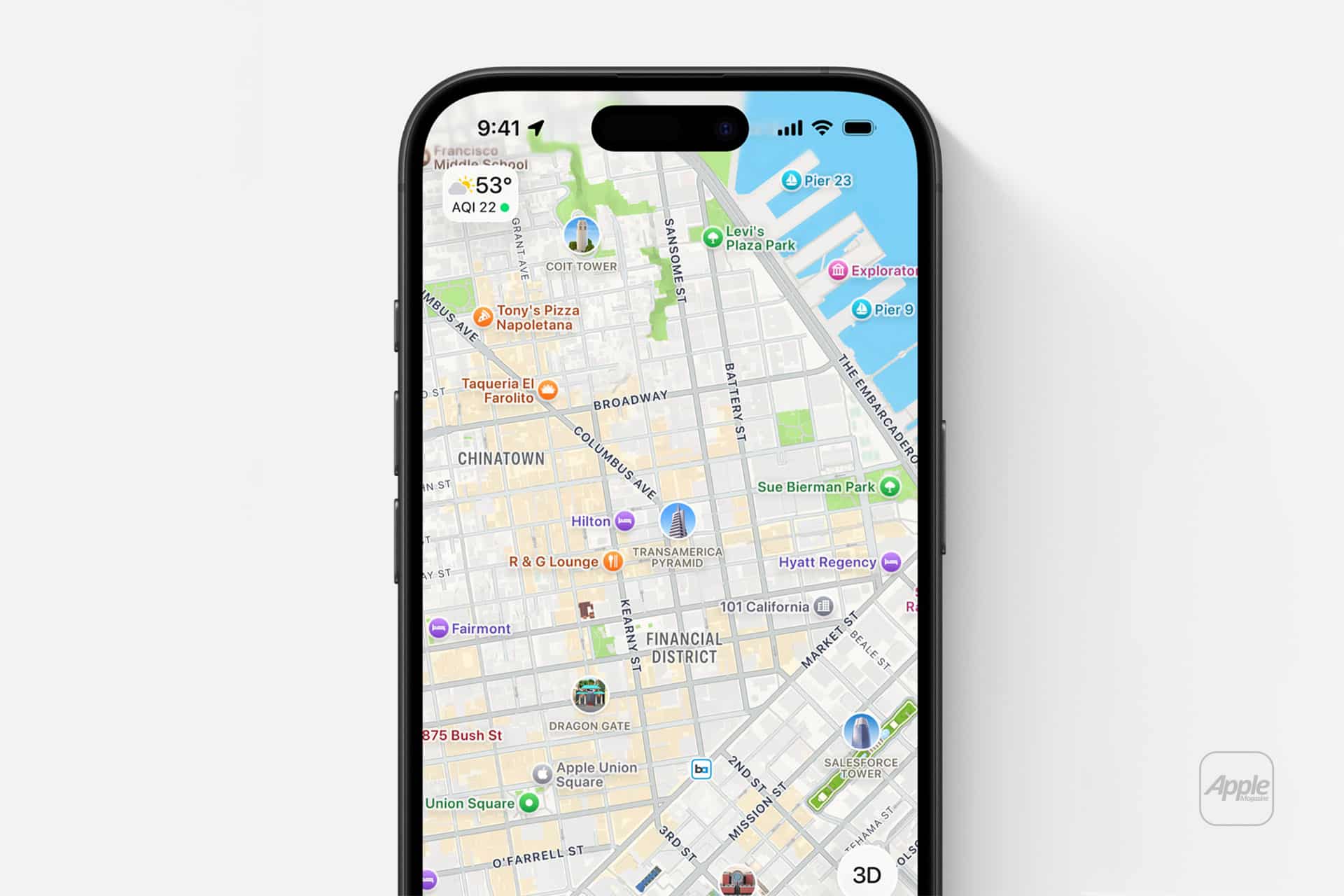 An iPhone Lockdown mode displays a detailed city map with restaurant and location pins, including pizza, seafood, and sandwich icons. Streets, parks, and water are visible near the Financial District and Chinatown.