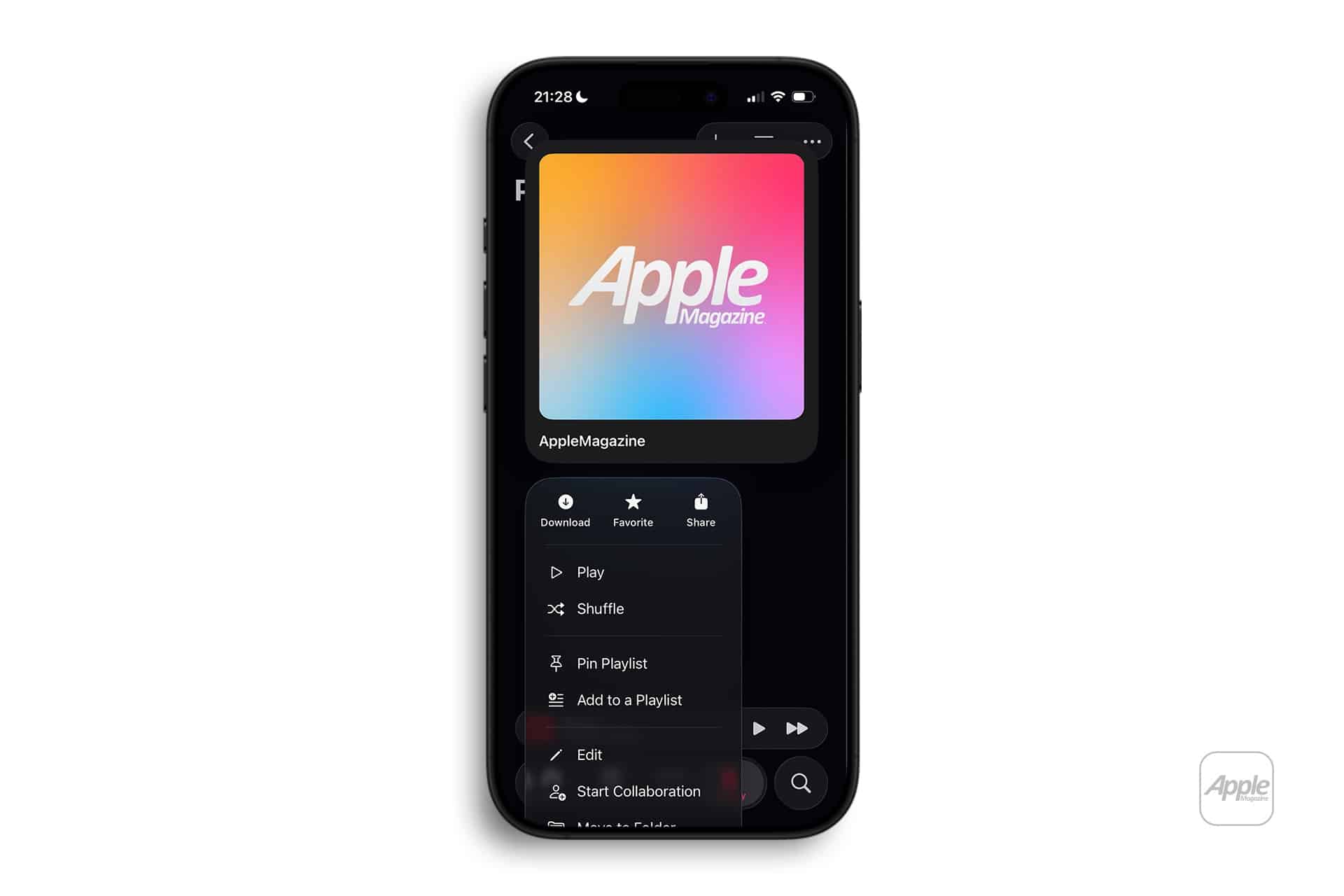 A smartphone displays the Apple Music app showing the "Apple Magazine" music playlist with colorful cover art and a menu offering options like Play, Shuffle, Add to Playlist, and Edit.