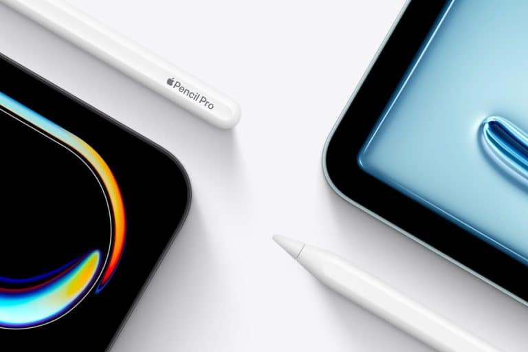 Two iPad tablets with vibrant screens are displayed at the corners, paired with two white styluses—one labeled "Apple Pencil Pro"—on a white background. The scene evokes a creative vibe inspired by Apple Creative Studio.