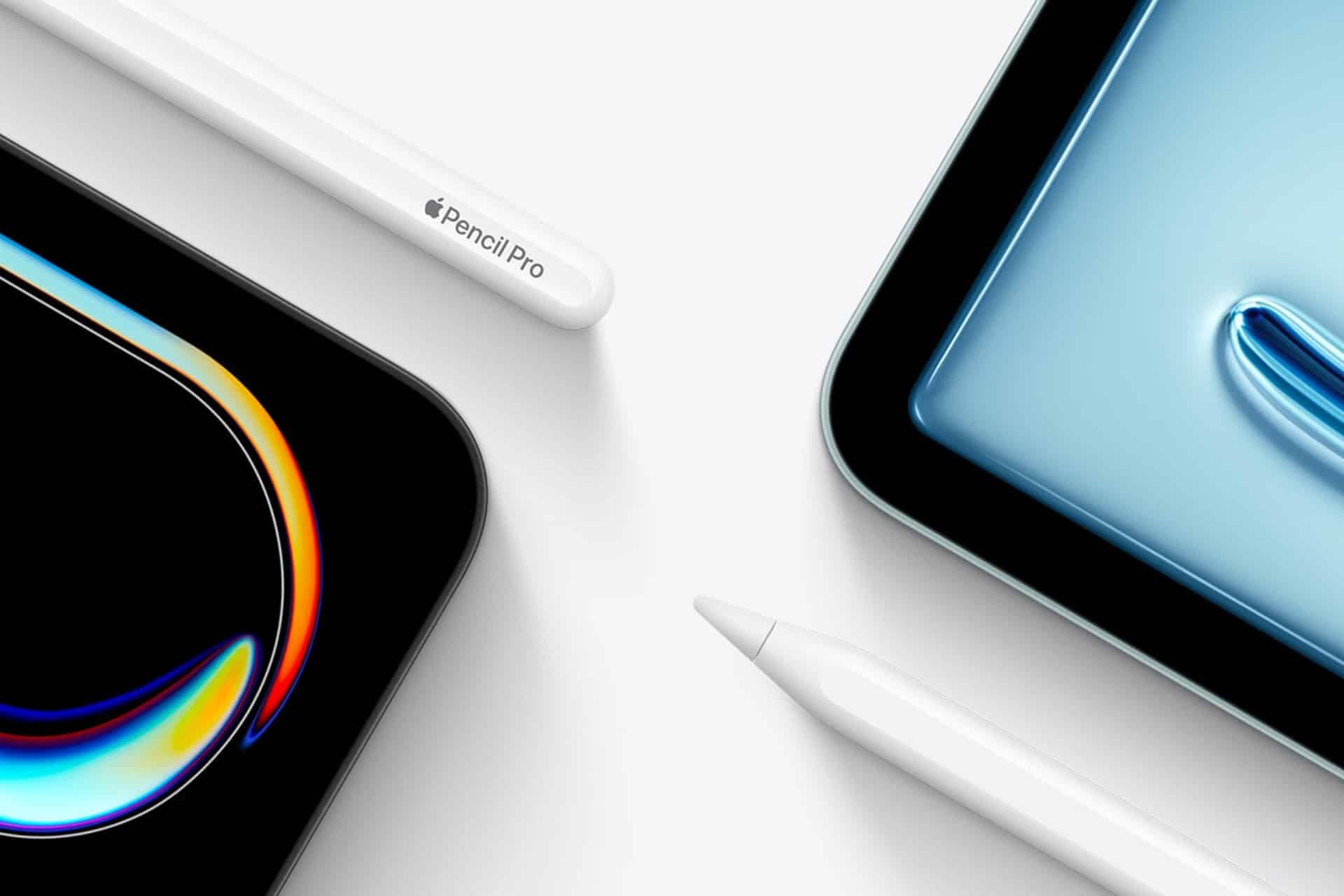 Two iPad tablets with vibrant screens are displayed at the corners, paired with two white styluses—one labeled "Apple Pencil Pro"—on a white background. The scene evokes a creative vibe inspired by Apple Creative Studio.