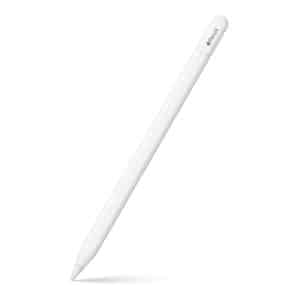 A white stylus pen, resembling the Apple Pencil Pro, is pictured against a plain white background. The pen is angled diagonally, with the tip pointing down to the left—perfect for iPad users and Apple Creative Studio projects.