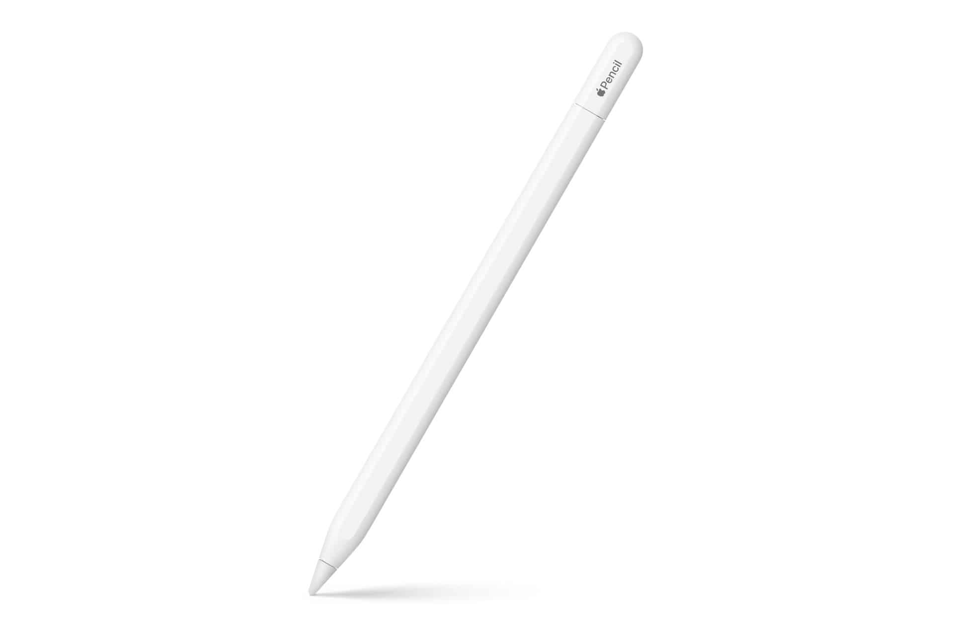 A white stylus pen, resembling the Apple Pencil Pro, is pictured against a plain white background. The pen is angled diagonally, with the tip pointing down to the left—perfect for iPad users and Apple Creative Studio projects.