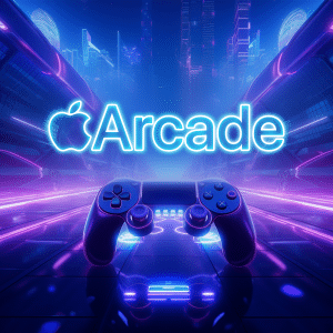 A futuristic, neon-lit scene with a glowing "Apple Arcade" logo above a game controller highlights an overview of Apple Arcade in 2026, set against a vibrant, digital cityscape in blue and purple tones.