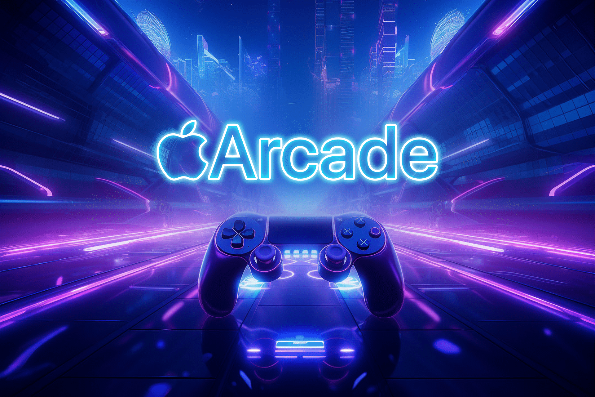 A futuristic, neon-lit scene with a glowing "Apple Arcade" logo above a game controller highlights an overview of Apple Arcade in 2026, set against a vibrant, digital cityscape in blue and purple tones.