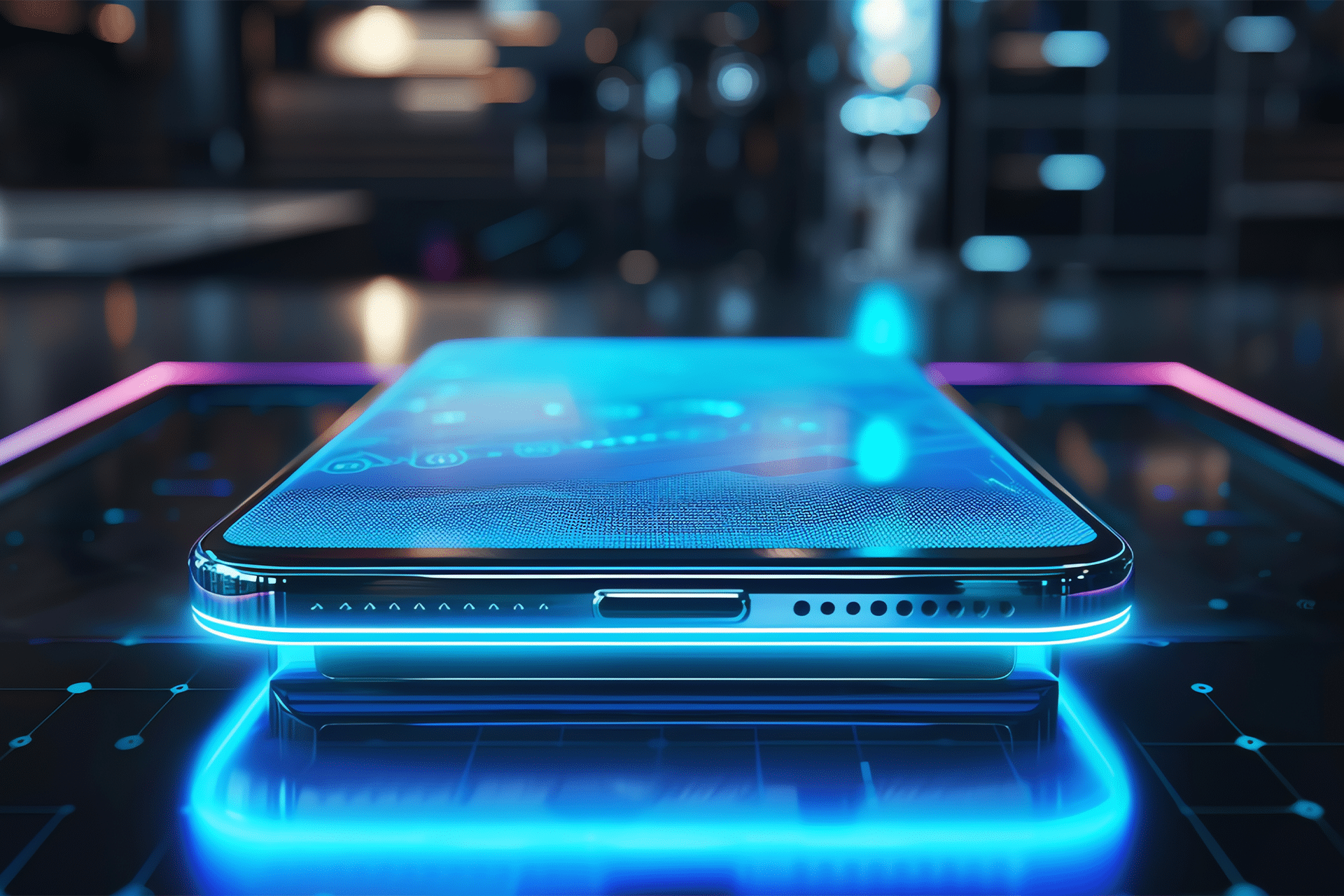 A futuristic Apple 2026 smartphone with glowing blue edges lies on a digital surface, displaying artificial intelligence-powered holographic interface elements, in a high-tech, neon-lit environment.