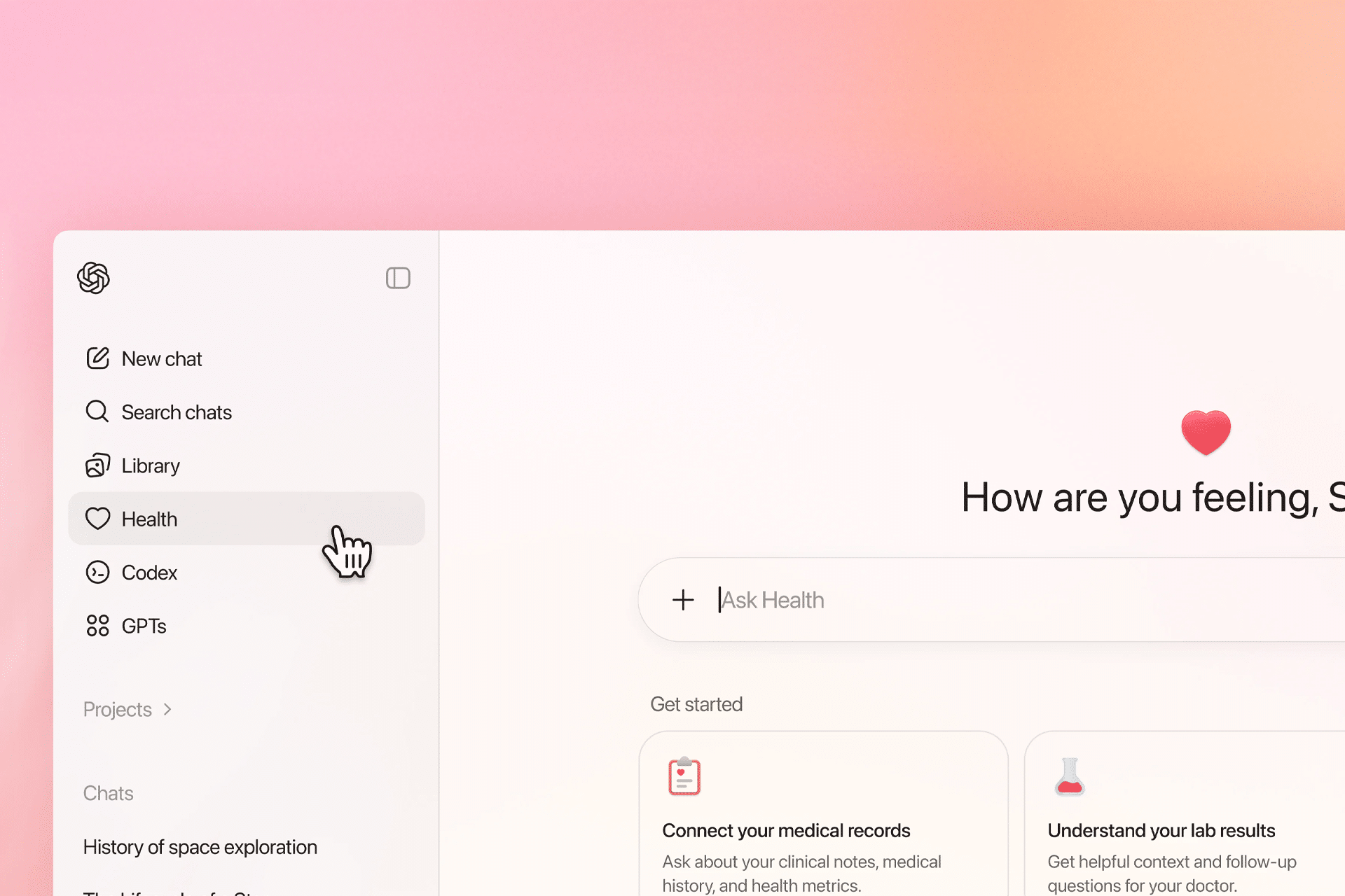 A computer screen displays a sidebar menu with options like New chat, Search chats, Library, and ChatGPT Health, where the ChatGPT Health option is being selected by a hand cursor. The backdrop features a soft pink gradient.