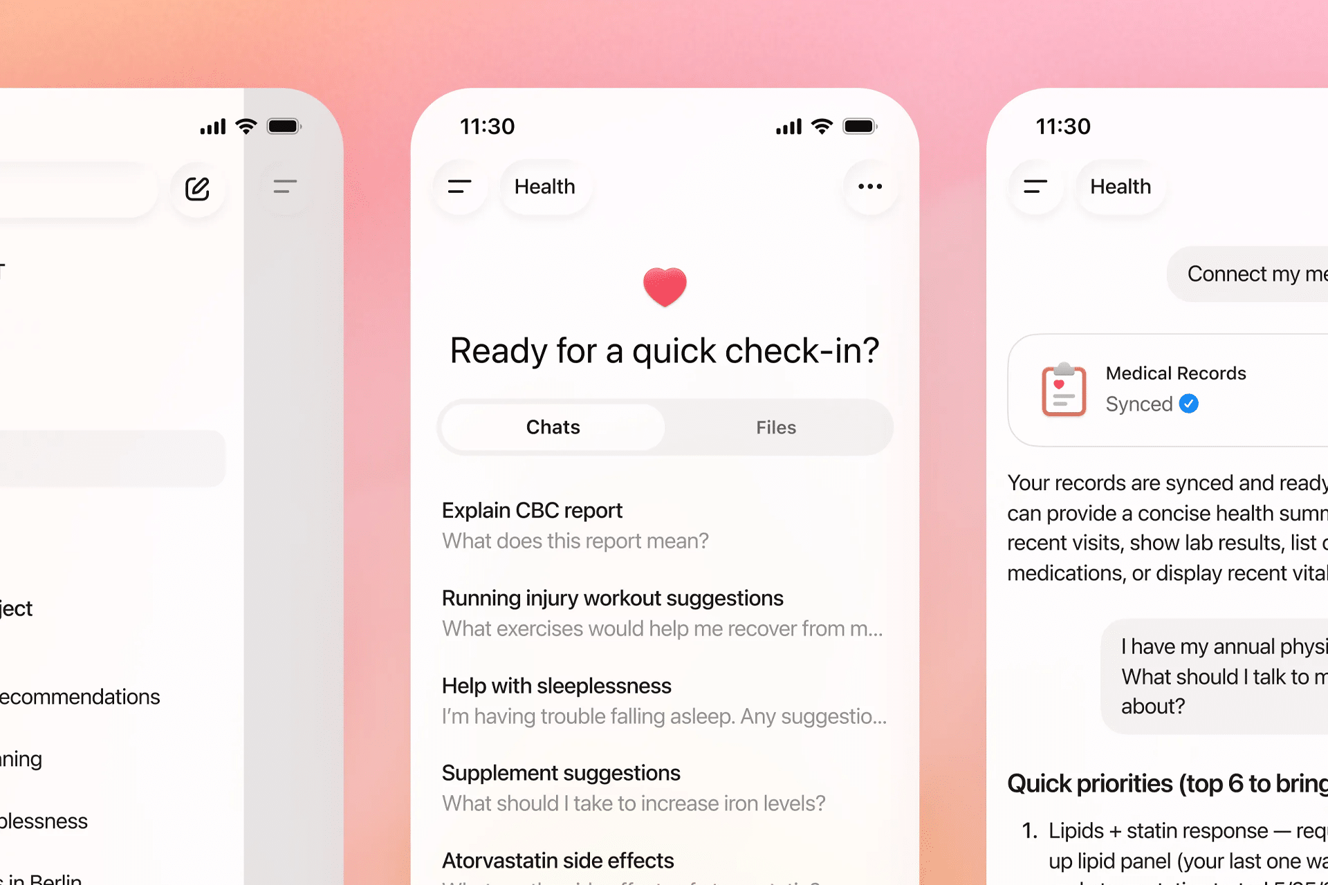 A smartphone screen displays the ChatGPT Health app interface with a heart icon, chat tabs, and messages about medical reports, workout suggestions, sleep, supplements, and side effects. The background features a pink gradient.