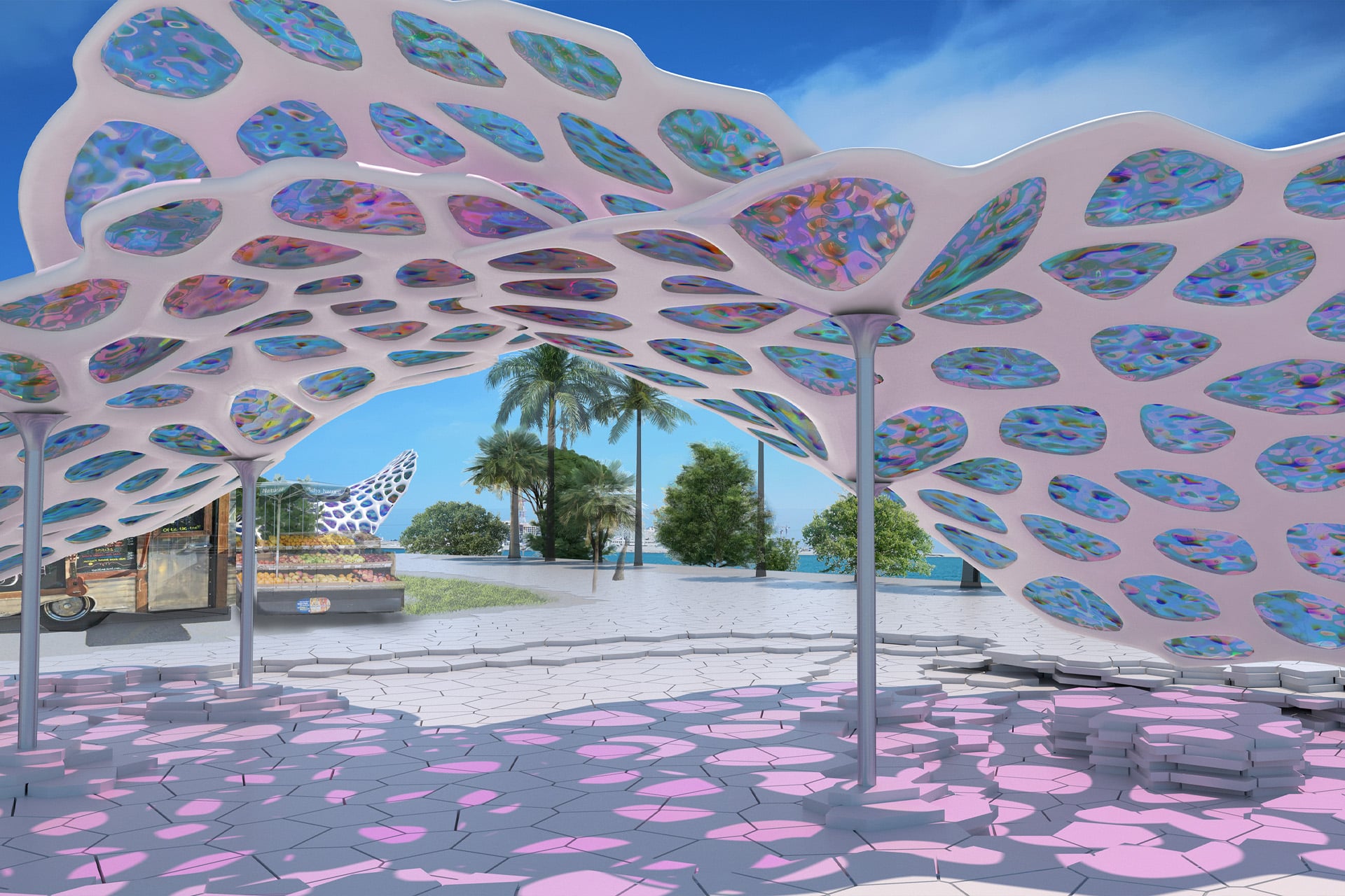 A modern outdoor pavilion features a wavy, pink perforated roof inspired by Computational Art, casting colorful shadows on hexagonal tiles. Palm trees, art installations, and a blue sky enhance the vibrant scene.