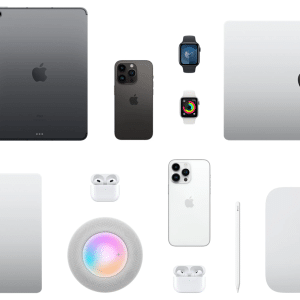 Apple active devices - A showcase of CES 2026 Apple products on a white background, featuring MacBooks, iPhones, iPads, Apple Watches, AirPods, the HomePod Mini, an Apple Pencil, and Mac Mini computers.