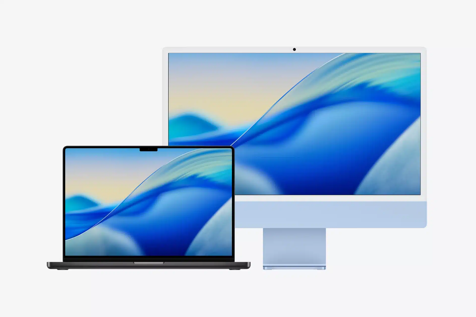 A black laptop and a light blue desktop computer are displayed side by side, both showing the same abstract blue and yellow wave wallpaper on their screens—perfect contenders for an Apple Trade In.