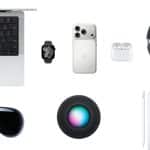 A flat lay of Apple active devices on a white background, including a MacBook, Apple Watch, iPhone, AirPods, AirPods Max headphones, HomePod, iPad, and Apple Vision Pro headset.