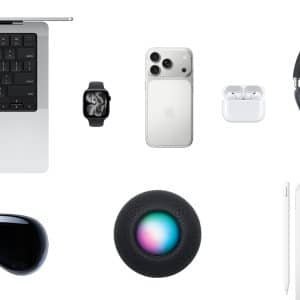 A flat lay of Apple active devices on a white background, including a MacBook, Apple Watch, iPhone, AirPods, AirPods Max headphones, HomePod, iPad, and Apple Vision Pro headset.